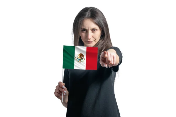 Gelukkige Jonge Blanke Vrouw Met Vlag Van Mexico Wijst Naar — Stockfoto