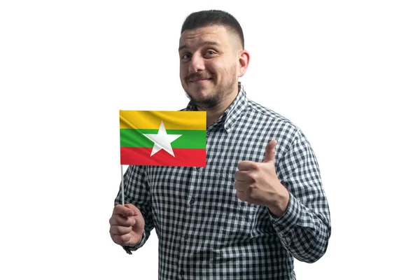 Blanke Man Met Een Vlag Van Myanmar Toont Klasse Met — Stockfoto