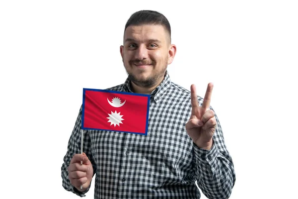 Orang Kulit Putih Memegang Bendera Nepal Dan Menunjukkan Dua Jari — Stok Foto