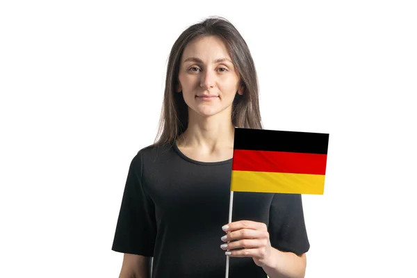 快乐的年轻白人女孩举着德国国旗 与白色背景隔离 — 图库照片