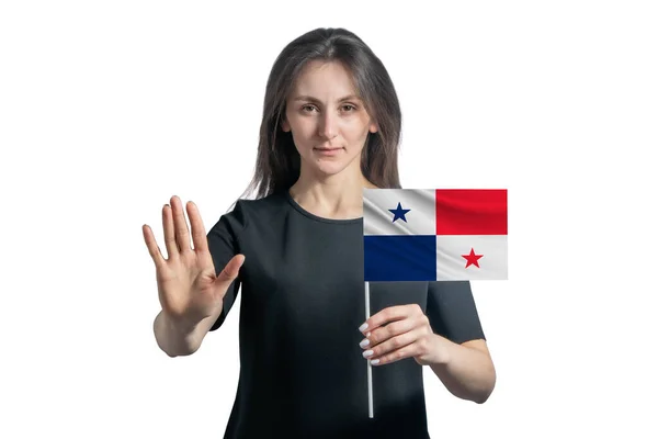 Ευτυχισμένη Νεαρή Λευκή Γυναίκα Που Κρατά Σημαία Του Παναμά Και — Φωτογραφία Αρχείου