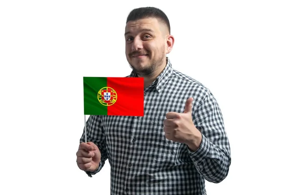 ポルトガルの国旗を掲揚し 白地に手で隔離されたクラスを見せる白人 ポルトガルのように — ストック写真