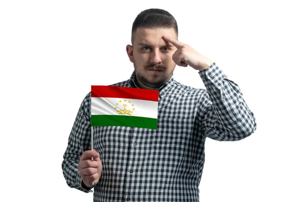 Blanke Man Met Een Vlag Van Tadzjikistan Een Vinger Raakt — Stockfoto