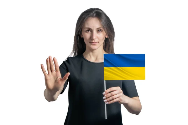 Glad Ung Vit Kvinna Som Håller Flaggan Ukraina Och Med — Stockfoto