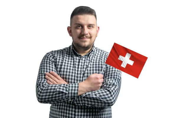 Vit Kille Som Håller Flagga Schweiz Leende Säker Med Korsade — Stockfoto