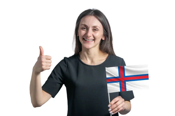 Faroe Adaları Nın Bayrağını Tutan Mutlu Beyaz Kadın Beyaz Bir — Stok fotoğraf