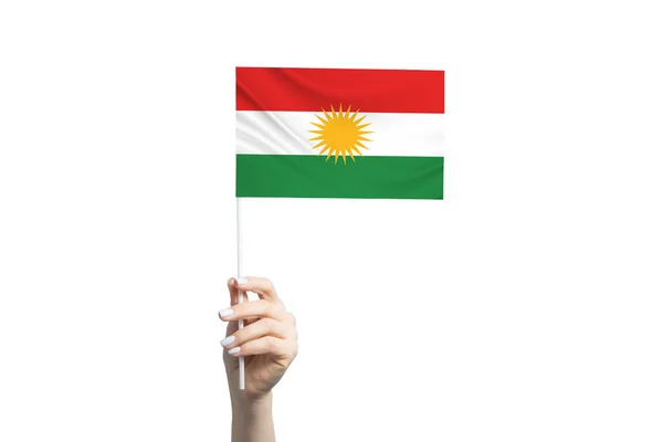 Mooie Vrouwelijke Hand Met Koerdistan Vlag Geïsoleerd Witte Achtergrond — Stockfoto