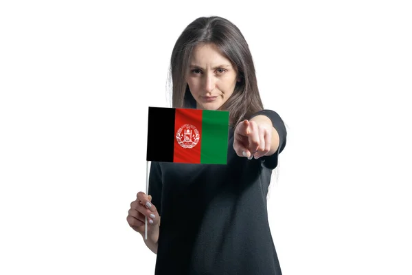 Feliz Joven Mujer Blanca Sosteniendo Bandera Afganistán Apunta Hacia Delante — Foto de Stock