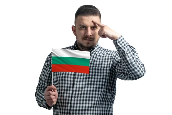 Elinde Bulgaristan Bayrağı Olan Beyaz Bir Adam Beyaz Arka Planda — Stok fotoğraf