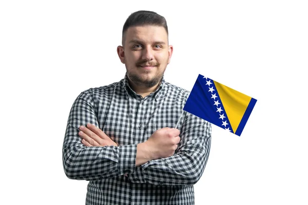 Vit Kille Som Håller Flagga Bosnien Och Hercegovina Leende Säker — Stockfoto