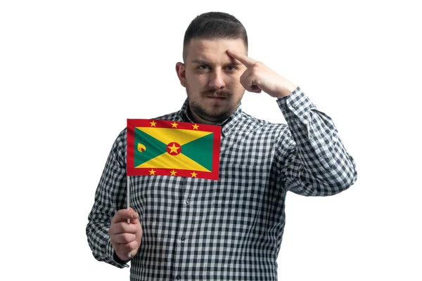 Homem Branco Segurando Uma Bandeira Granada Dedo Toca Templo Cabeça — Fotografia de Stock