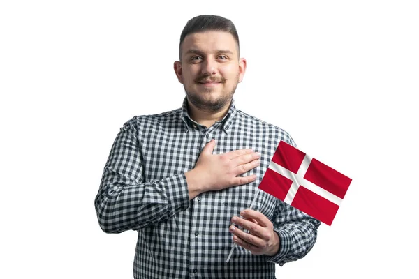 Vit Kille Som Håller Flagga Danmark Och Håller Sin Hand — Stockfoto