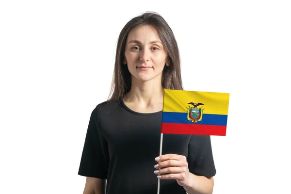 Feliz Joven Blanca Sosteniendo Bandera Ecuador Aislada Sobre Fondo Blanco — Foto de Stock