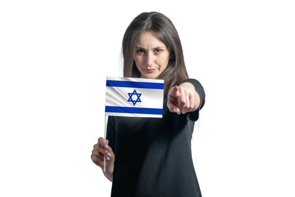 Glückliche Junge Weiße Frau Mit Israel Fahne Und Zeigt Isoliert — Stockfoto