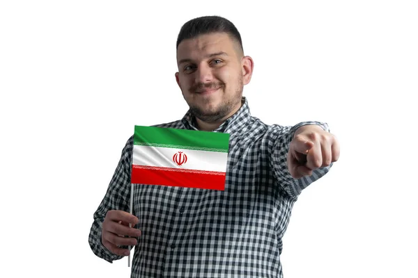 Vit Kille Som Håller Flagga Iran Och Pekar Framåt Framför — Stockfoto