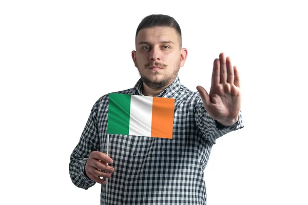 Vit Kille Som Håller Flagga Irland Och Med Ett Allvarligt — Stockfoto