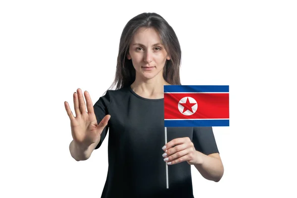 Mujer Blanca Joven Feliz Sosteniendo Bandera Corea Del Norte Con — Foto de Stock