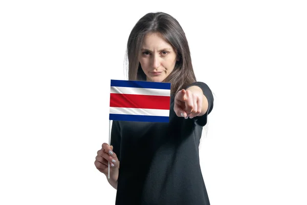 Feliz Joven Mujer Blanca Sosteniendo Bandera Costa Rica Señala Hacia — Foto de Stock