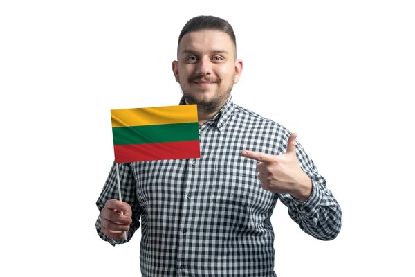 Weißer Mann Mit Litauischer Flagge Und Zeigt Mit Dem Finger — Stockfoto