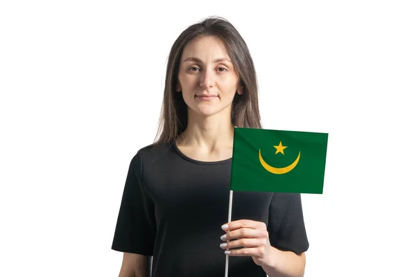 Gelukkig Jong Wit Meisje Met Mauritanië Vlag Geïsoleerd Een Witte — Stockfoto