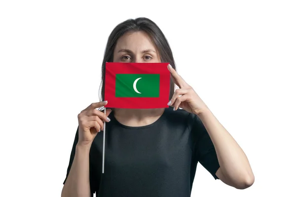 Gelukkige Jonge Blanke Vrouw Met Vlag Malediven Vlag Bedekt Haar — Stockfoto