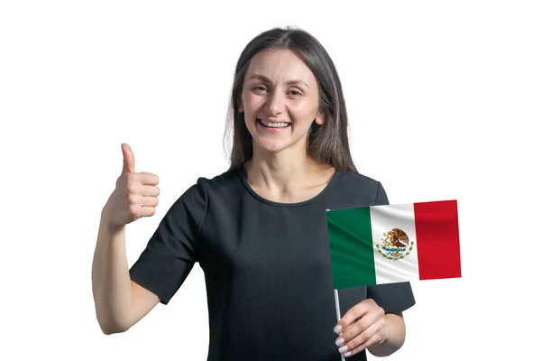 Feliz Joven Mujer Blanca Sosteniendo Bandera México Muestra Clase Mano —  Fotos de Stock