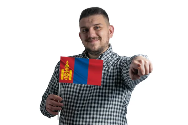 Weißer Typ Mit Einer Flagge Der Mongolei Und Zeigt Isoliert — Stockfoto