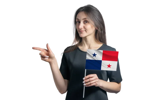 Jovem Mulher Branca Feliz Segurando Bandeira Panamá Aponta Para Esquerda — Fotografia de Stock