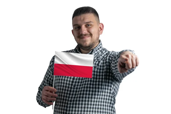 Hombre Blanco Sosteniendo Una Bandera Polonia Apunta Hacia Delante Frente — Foto de Stock