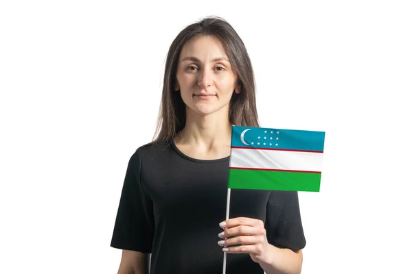 Özbekistan Bayrağını Tutan Mutlu Beyaz Kız Beyaz Bir Arkaplanda Izole — Stok fotoğraf