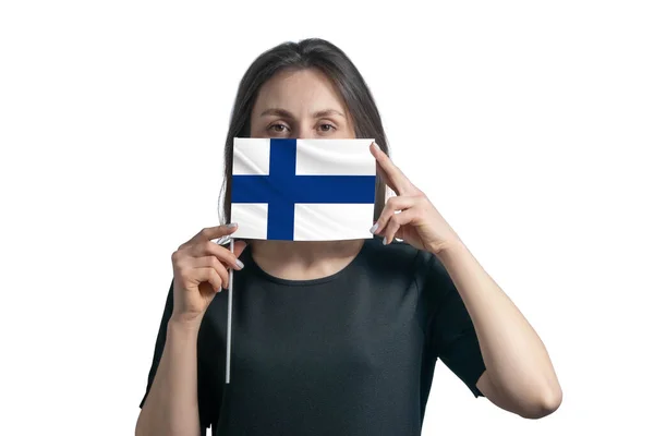 Glad Ung Vit Kvinna Med Flagga Finland Flagga Och Täcker — Stockfoto