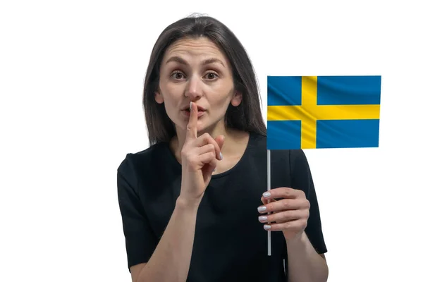 Glad Ung Vit Kvinna Som Håller Flaggan Sverige Och Håller — Stockfoto