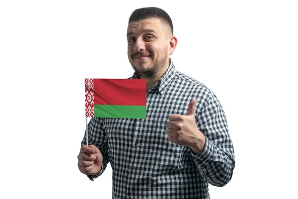 Cara Branca Segurando Uma Bandeira Bielorrússia Mostra Classe Mão Isolada — Fotografia de Stock