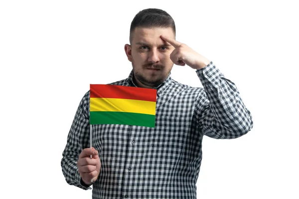 Tipo Blanco Sosteniendo Una Bandera Bolivia Dedo Toca Templo Cabeza — Foto de Stock