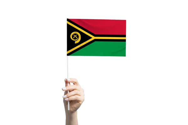 Beautiful Female Hand Holding Vanuatu Flag Isolated White Background — Stock Fotó