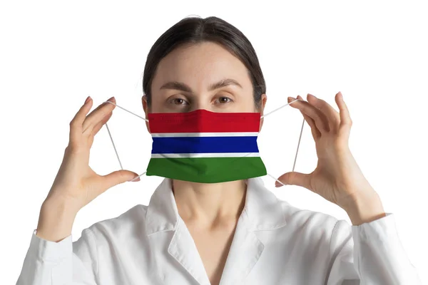Respirator Flag Gambia Doctor Puts Medical Face Mask Isolated White — 스톡 사진