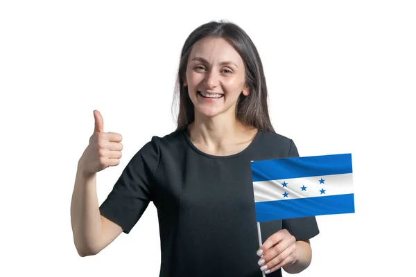 Happy Young White Woman Holding Flag Honduras Shows Class Hand — Stockfoto