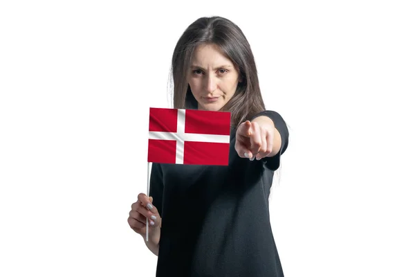 Happy Young White Woman Holding Flag Denmark Points Forward Front — Stok fotoğraf