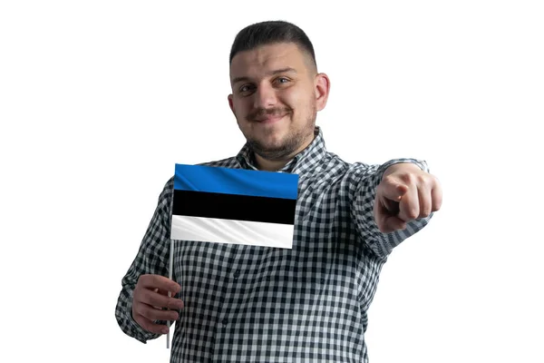 White Guy Holding Flag Estonia Points Forward Front Him Isolated — Stockfoto