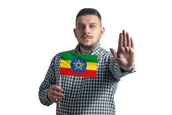 White Guy Holding Flag Ethiopia Serious Face Shows Hand Stop — ストック写真