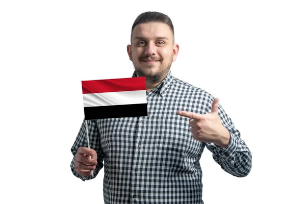 White Guy Holding Flag Yemen Points Finger Other Hand Flag — Photo