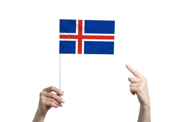 Beautiful Female Hand Holds Iceland Flag Which She Shows Finger — kuvapankkivalokuva