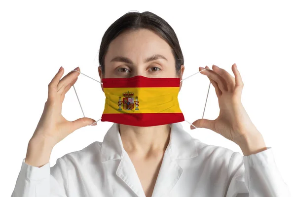 Respirator Flag Spain Doctor Puts Medical Face Mask Isolated White — ストック写真