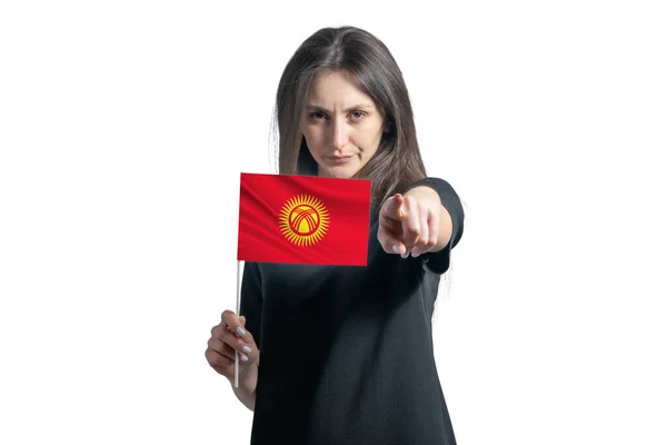 Happy Young White Woman Holding Flag Kyrgyzstan Points Forward Front — 图库照片