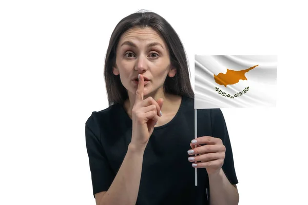 Happy Young White Woman Holding Flag Cyprus Holds Finger Her — Foto Stock