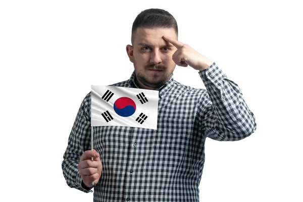White Guy Holding Flag South Korea Finger Touches Temple Head — Foto de Stock