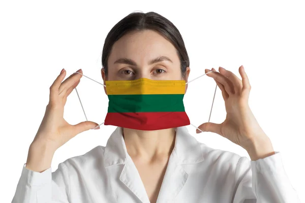 Respirator Flag Lithuania Doctor Puts Medical Face Mask Isolated White — Stockfoto