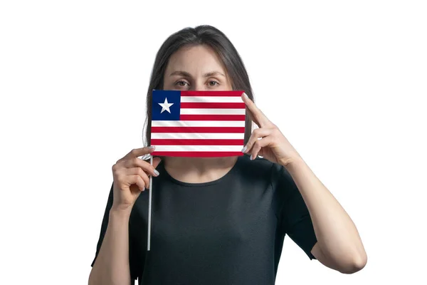 Happy Young White Woman Holding Flag Liberia Flag Covers Her — Stock fotografie