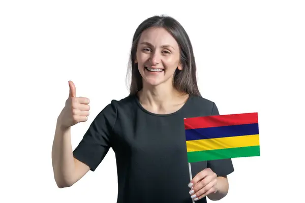 Happy Young White Woman Holding Flag Mauritius Shows Class Hand — Stok fotoğraf