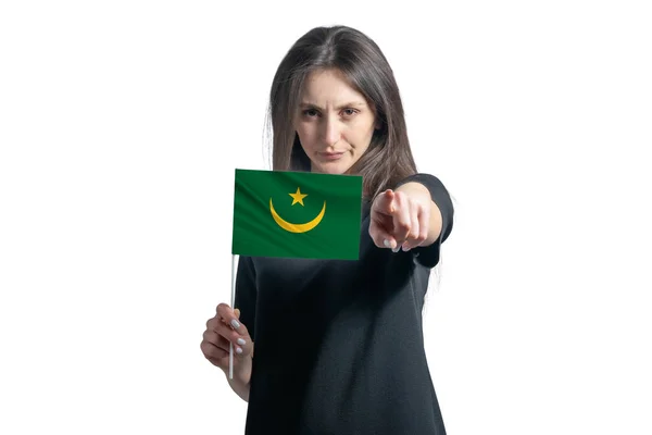 Happy Young White Woman Holding Flag Mauritania Points Forward Front — Stockfoto